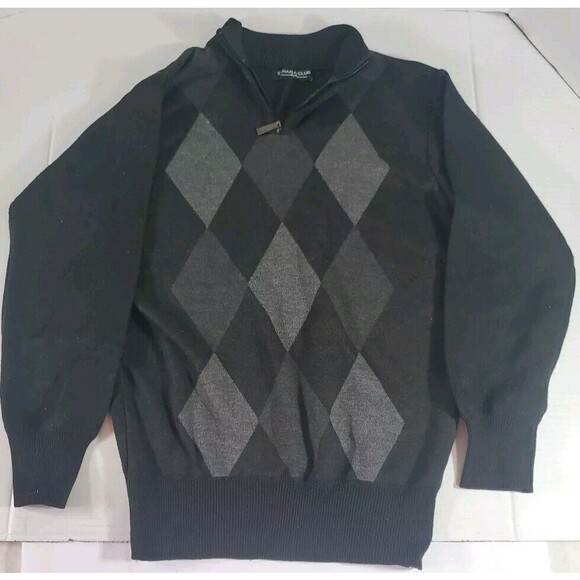 Sahara Club Mens Argyle Sweater xtra Small Black Grey Geometric 1/4 Zip Pullover - Picture 1 of 16